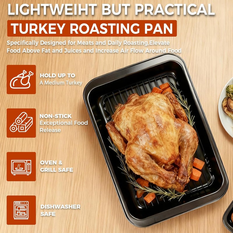 GESTONE 15In Turkey Roasting Pan with Rack, Nonstick Heavy Duty Turkey Broiler Pan for Oven Cooking, Roaster Baking Tray for roasting, grilling and baking, Dishwasher Safe - Image 2